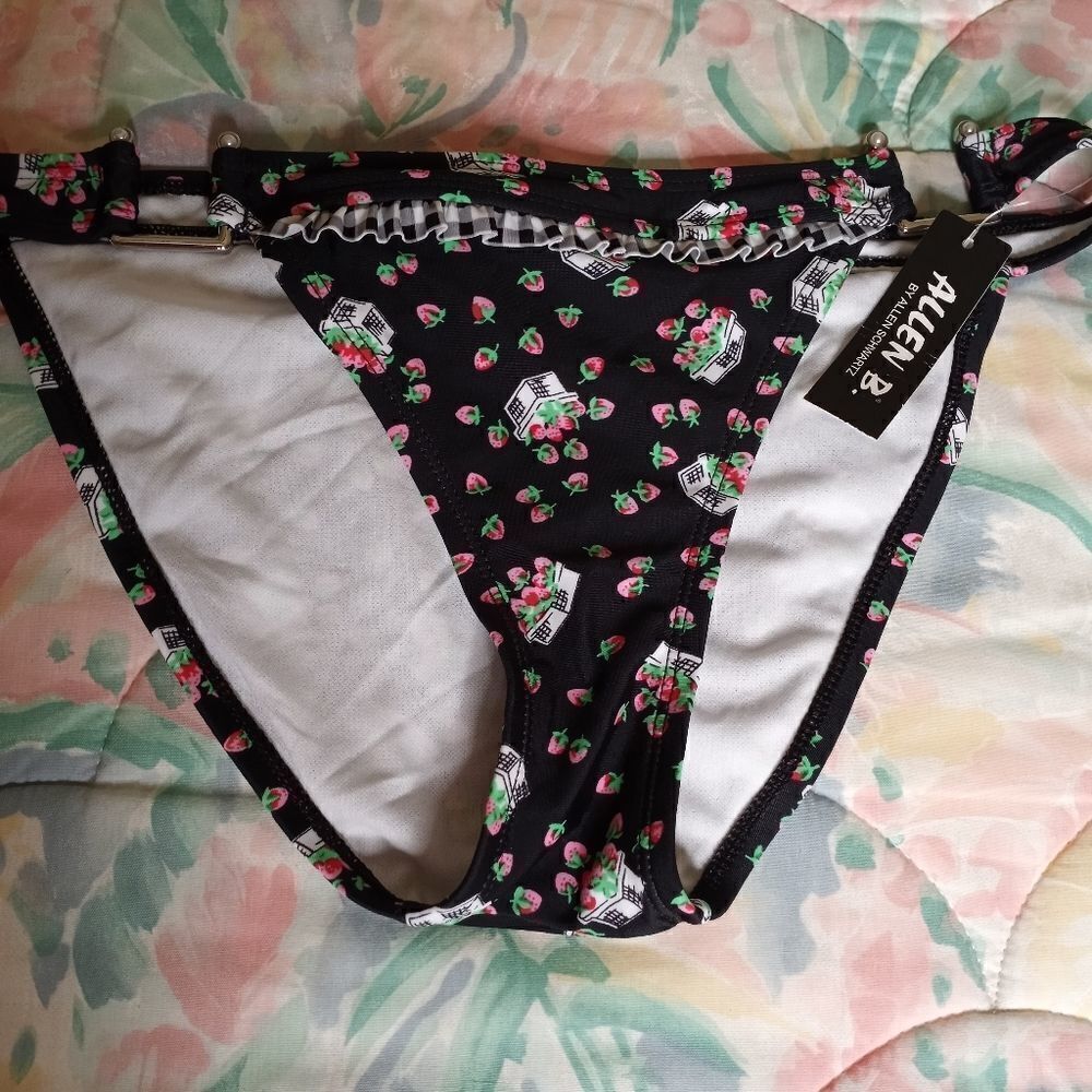 NWT Allen B by Allen Schwartz Black Strawberries Swimsuit Bikini Bottom Sz 8